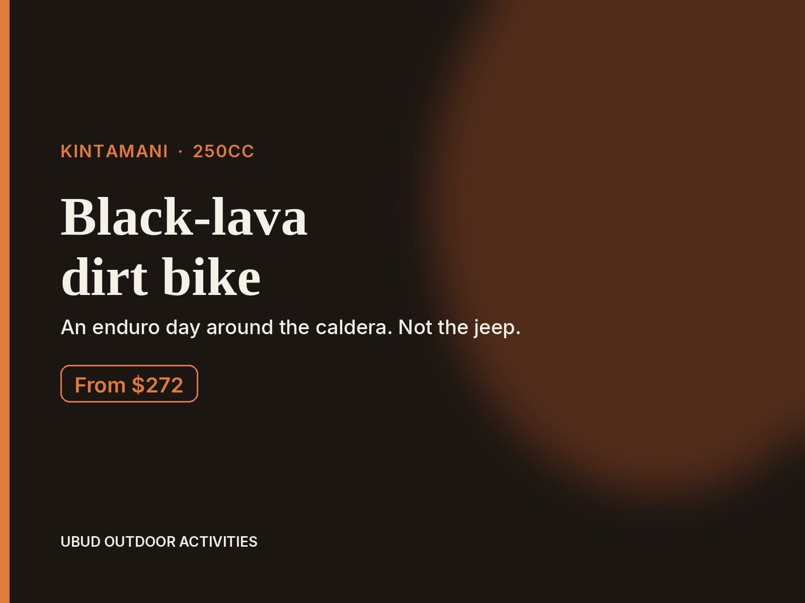 Rate card for the Kintamani black-lava dirt bike, a 250cc enduro day from $272