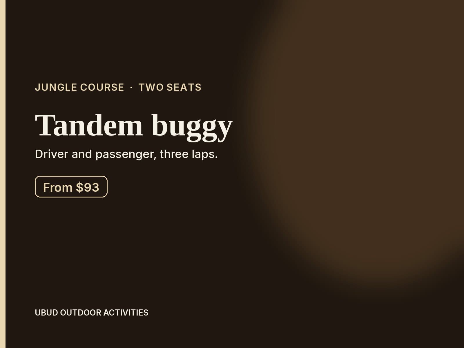 Rate card for a tandem jungle buggy, driver and passenger, three laps from $93